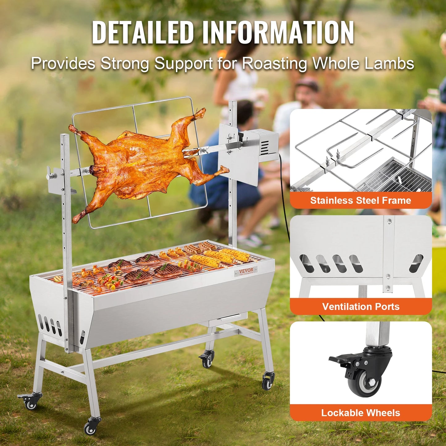 VEVOR Barbecue à Charbon Charge 61 kg, Rôtissoire avec Tournebroche