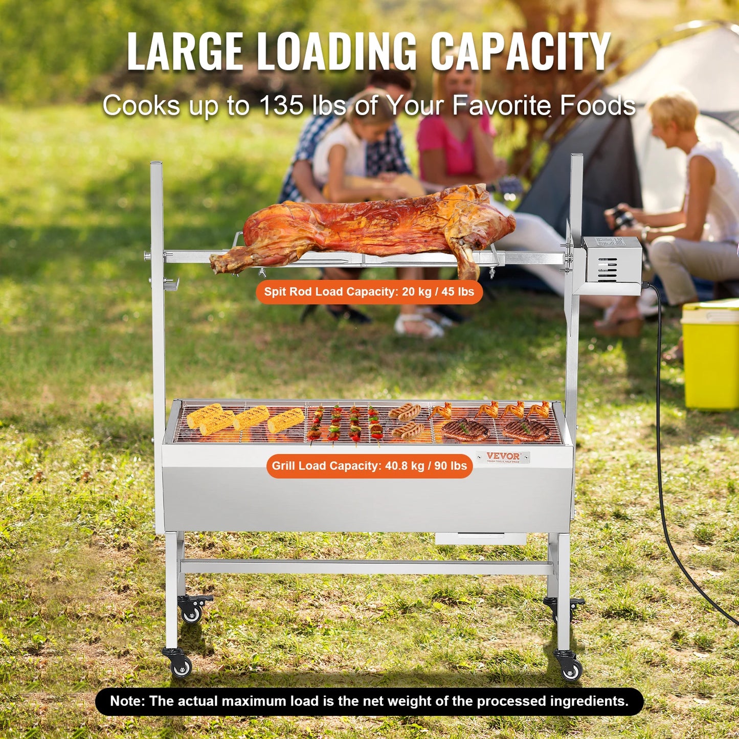 VEVOR Barbecue à Charbon Charge 61 kg, Rôtissoire avec Tournebroche