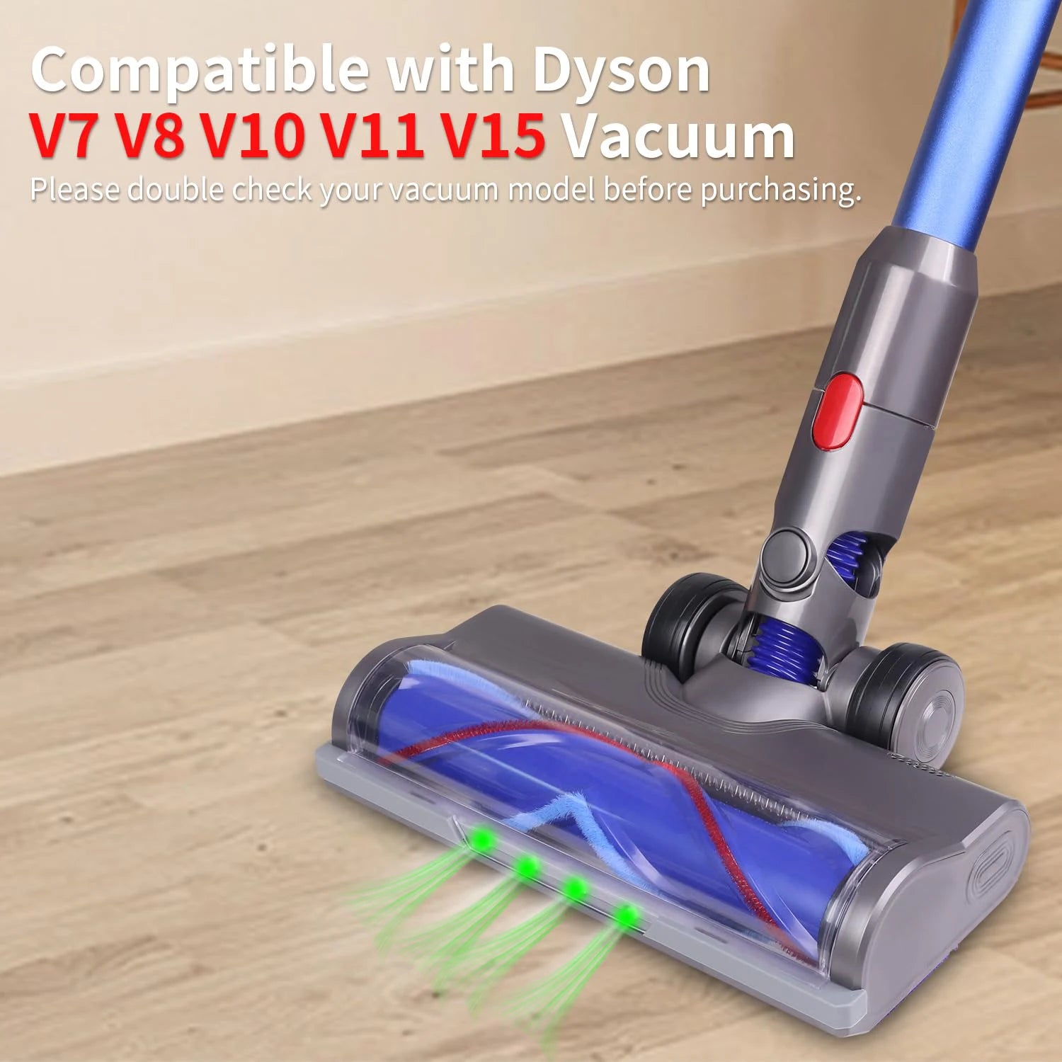 Tête d'aspirateur compatible Dyson V7, V8, V10, V11 et V15 avec LED vertes