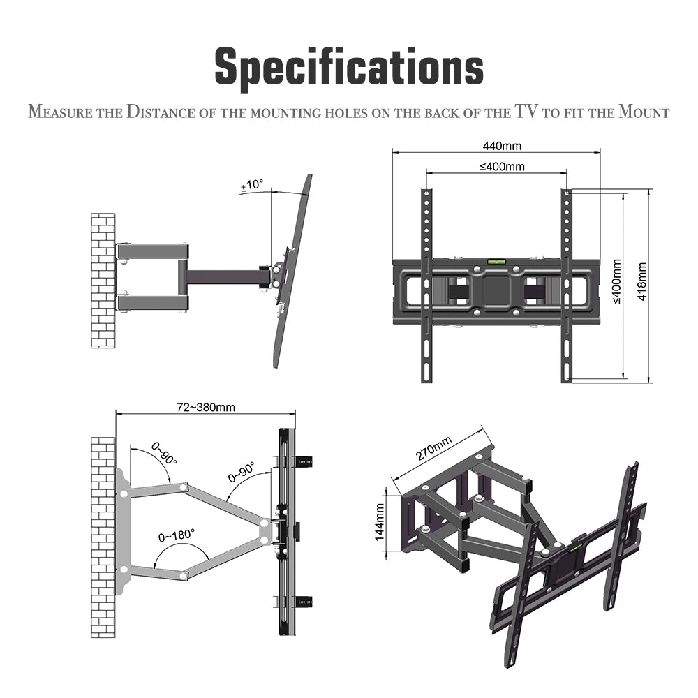 Dimensions du support TV TMDS-105, VESA 400x400, inclinaison 10° et rotation 180°