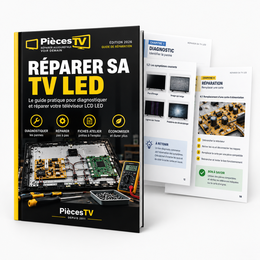 Guide PDF Réparer sa TV LED PiècesTV – Ebook illustré de 100 pages pour diagnostiquer et réparer un téléviseur LCD LED, avec 18 chapitres et des fiches pratiques.