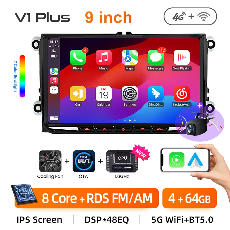 Junsun-Autoradio sans fil 2DIN, lecteur de limitation, CarPlay pour Apple Android Auto, VW, Volkswagen, Skoda, Octavia, PASSAT, Gods GOLF