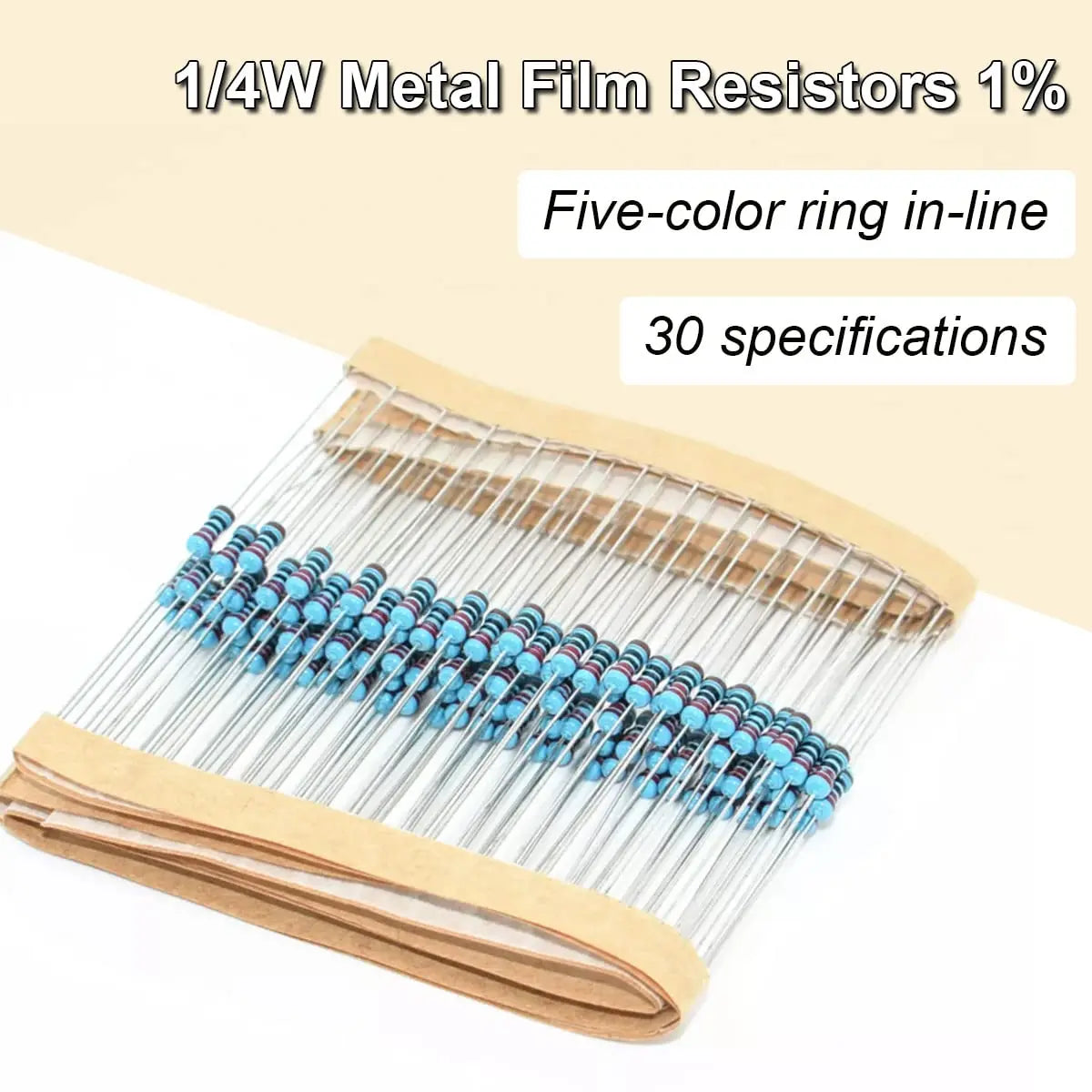 Résistances film métallique 1/4W 1% à cinq anneaux de couleur, sur bande
