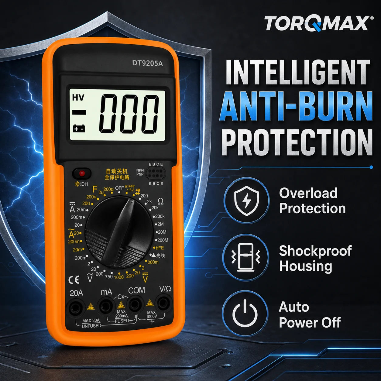 Protection anti-surcharge, boîtier antichoc et arrêt automatique du multimètre DT9205A