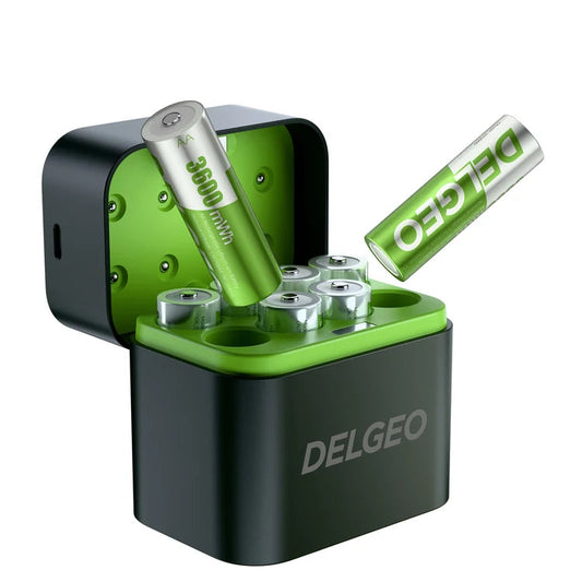 Set 8 batteries AA 1.5V Li-ion 3600mWh + boîtier chargeur USB Delgeo