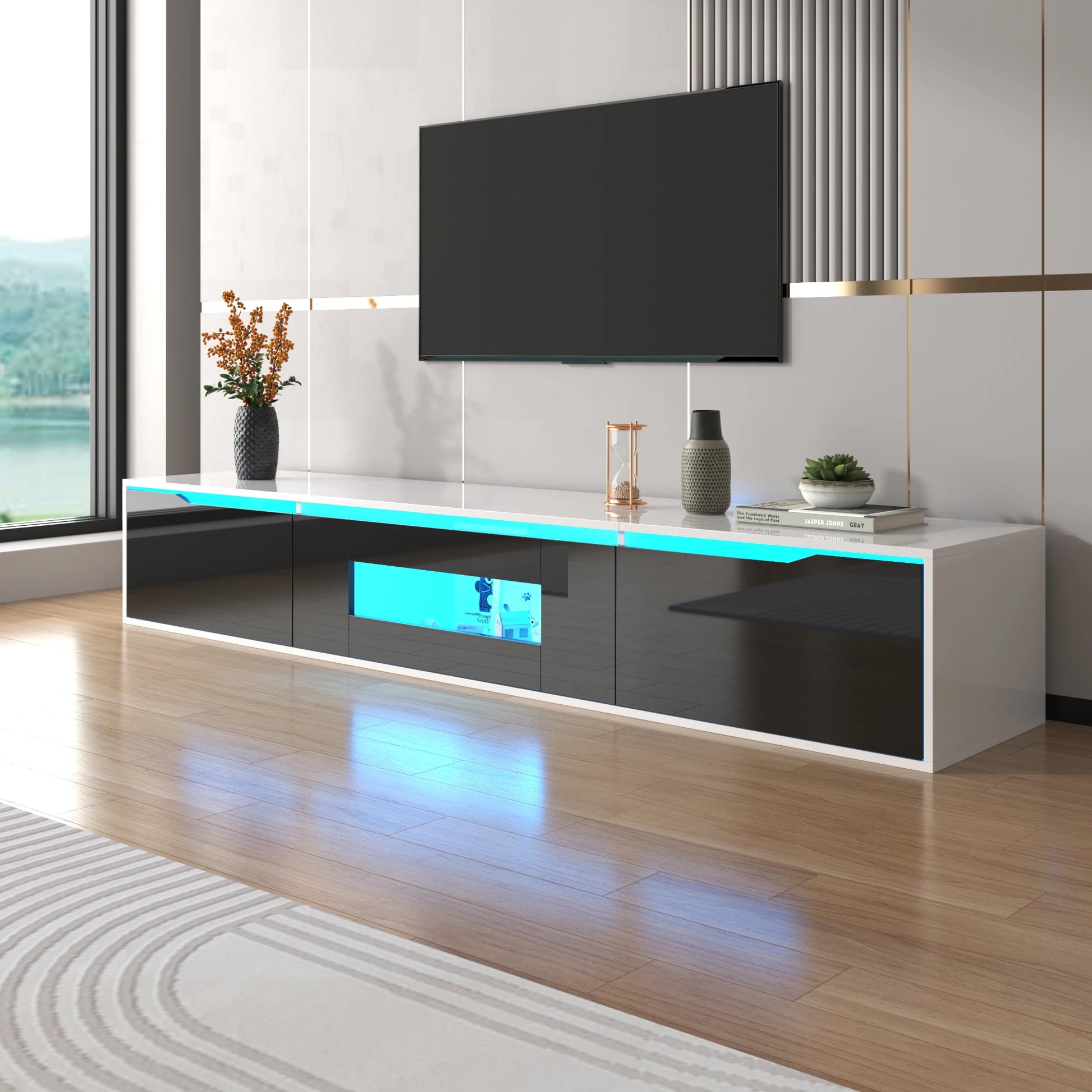 Meuble TV moderne LED 180 cm avec rangement et finition brillante