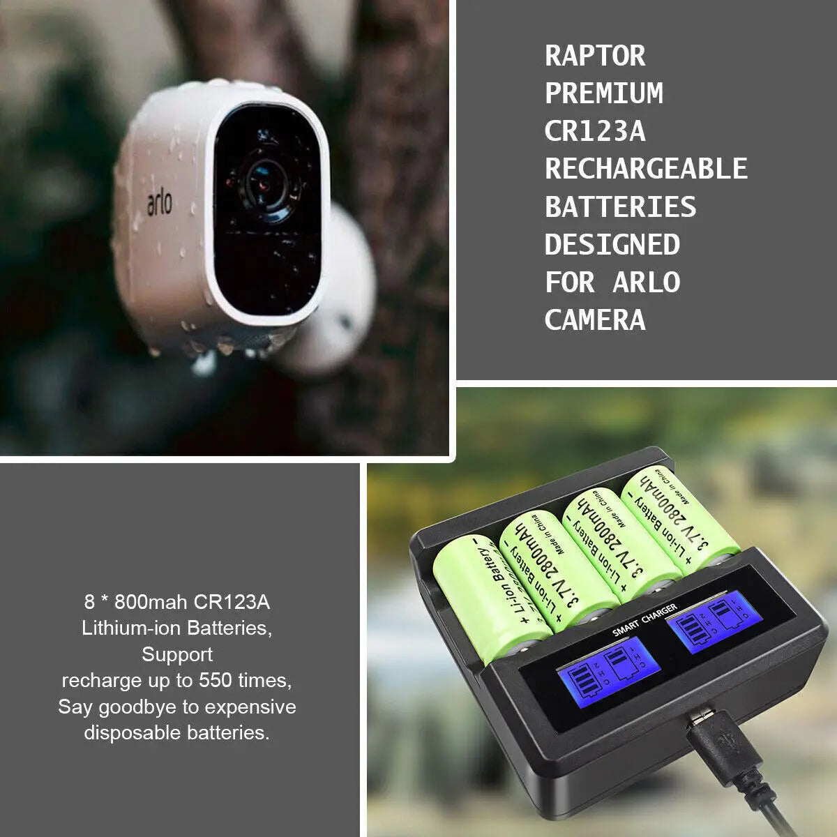 Pack chargeur + 8 batteries Li-ion 3.7V 2800mAh 16340/CR123A pour lampes