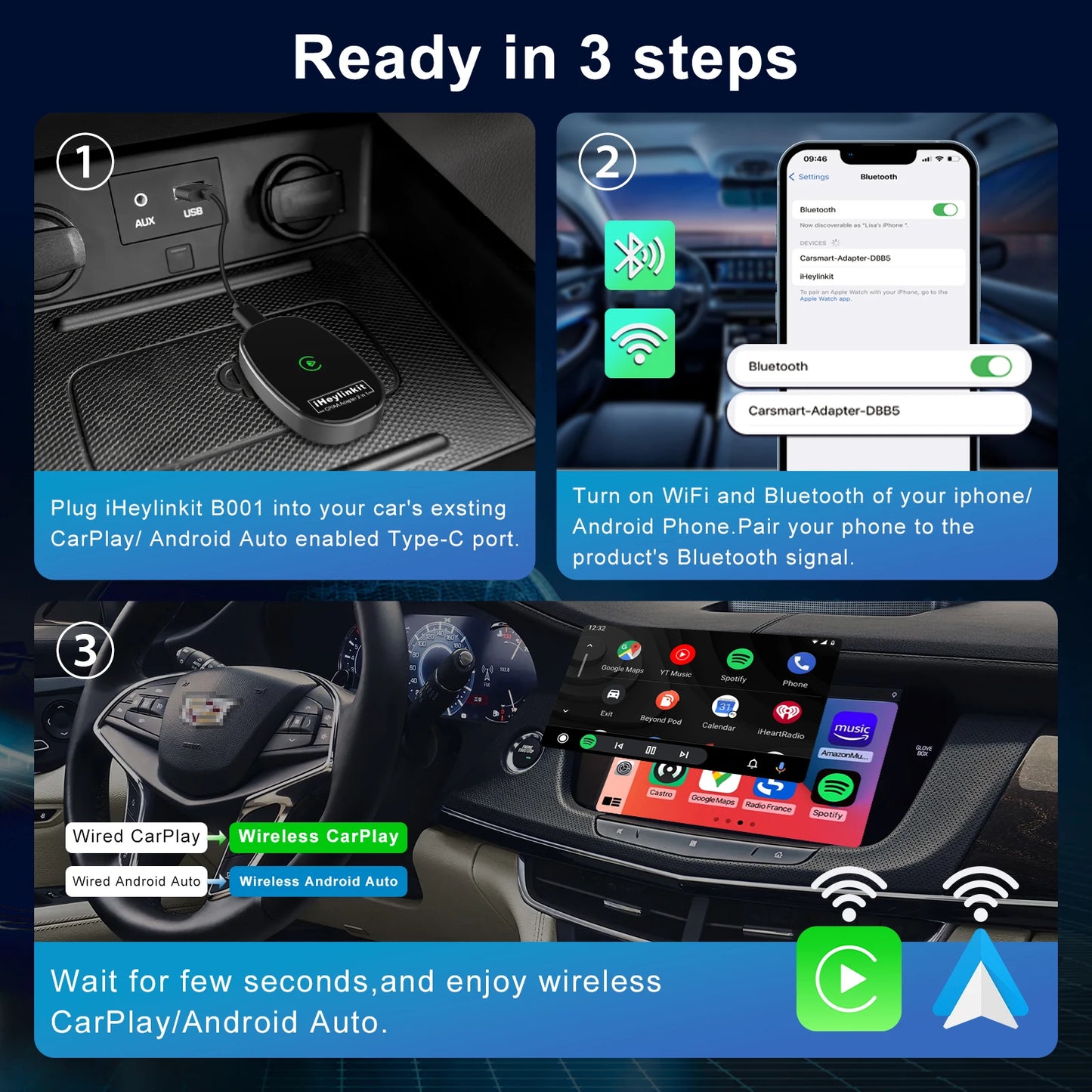 Adaptateur CarPlay & Android Auto Sans Fil – Heylinkit USB/Type-C