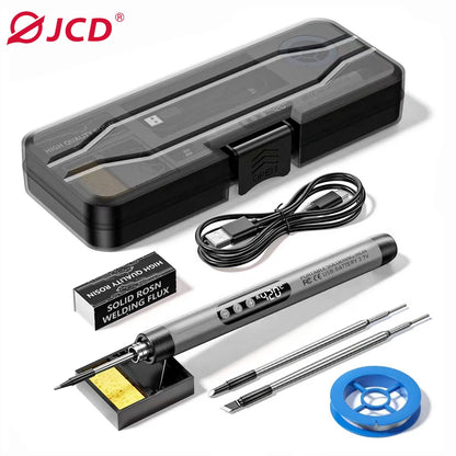 Fer à souder sans fil JCD gris avec coffret, câble USB-C, support, flux, étain et 3 pannes