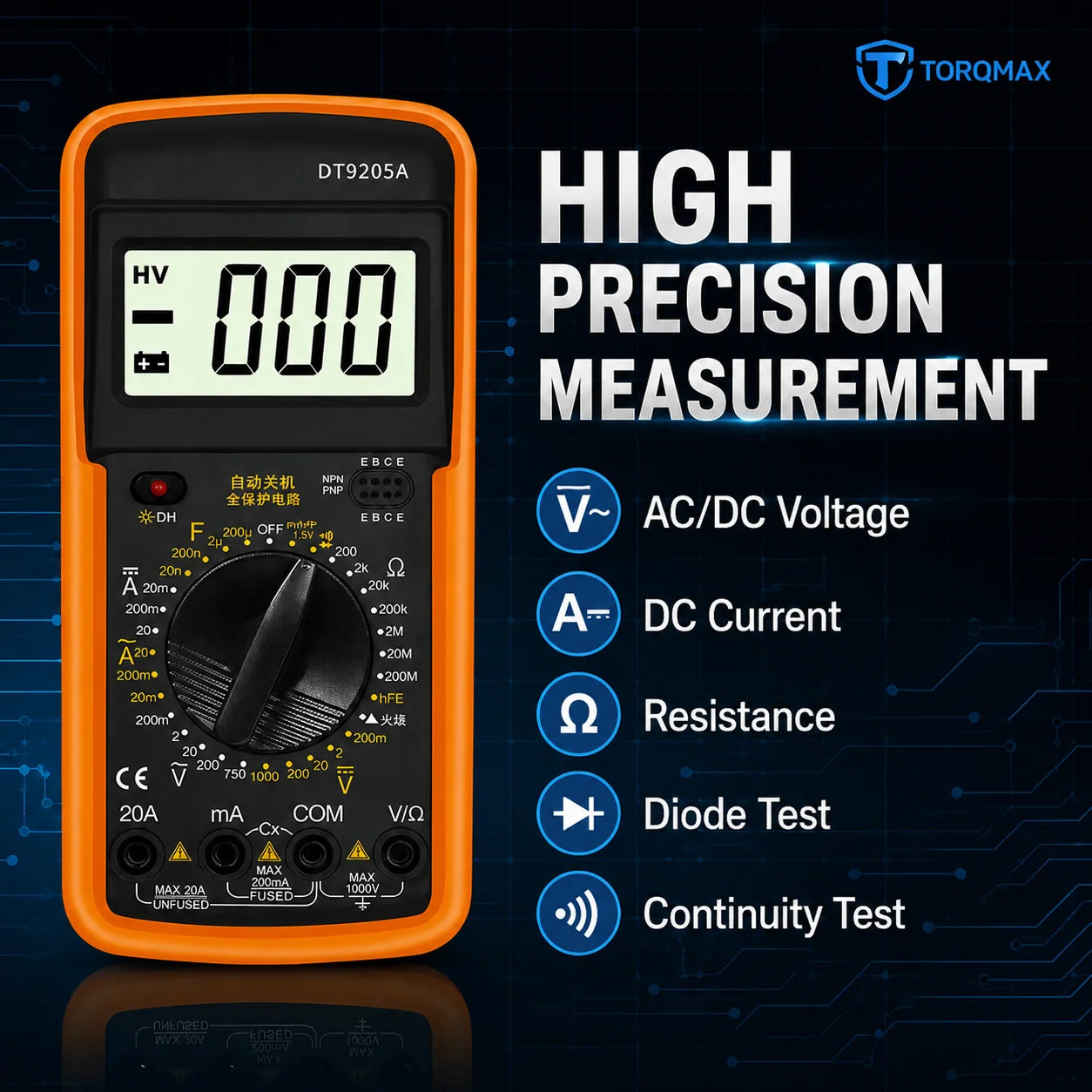 Mesures tension AC/DC, courant DC, résistance, test diode et continuité