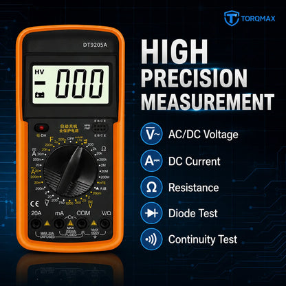Mesures tension AC/DC, courant DC, résistance, test diode et continuité