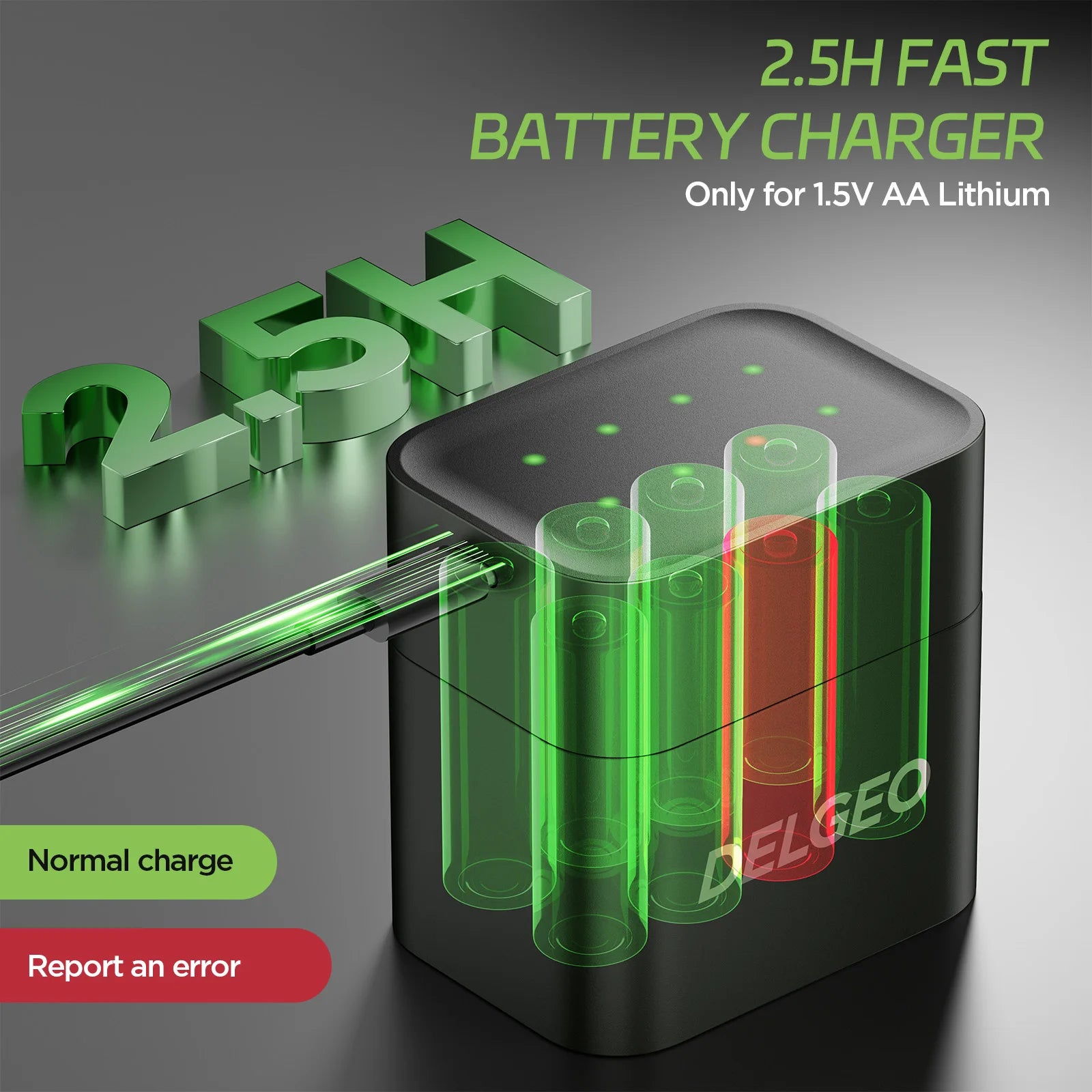 Set 8 batteries AA 1.5V Li-ion 3600mWh + boîtier chargeur USB Delgeo