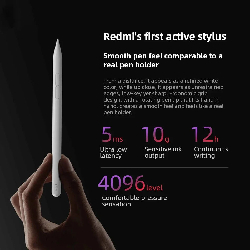 Stylet tenu en main : latence 5 ms, 10 g de pression, 12 h d'écriture