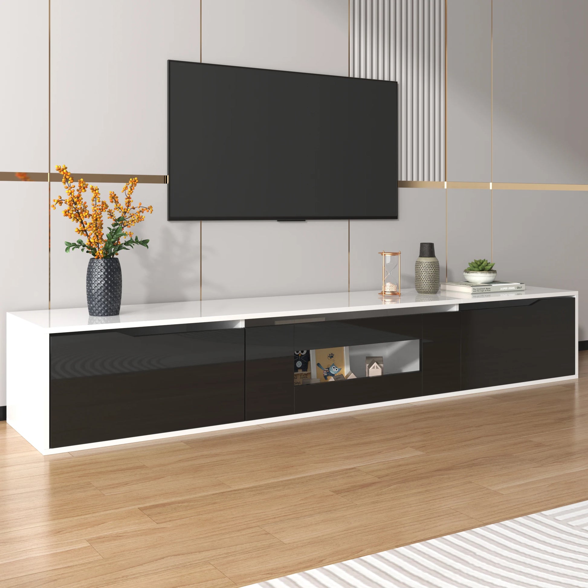 Meuble TV moderne LED 180 cm avec rangement et finition brillante