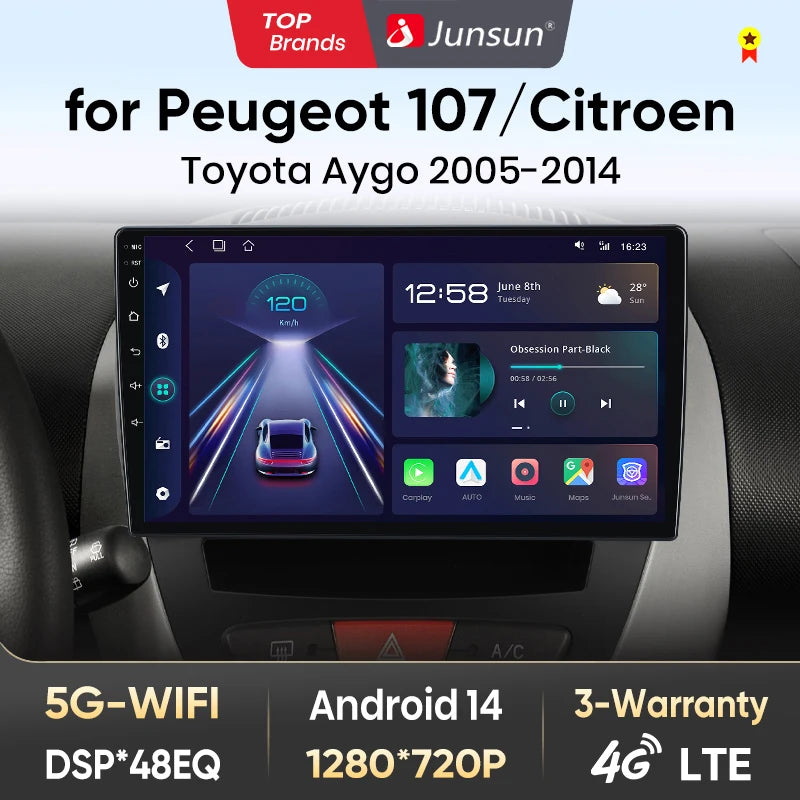 Autoradio Android 13 Junsun XT89 10.1" GPS CarPlay Android Auto Citroën C1 / Toyota Aygo / Peugeot 107 (2005-2014)
