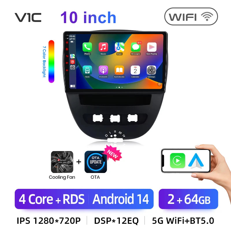 Autoradio Android 13 Junsun XT89 10.1" GPS CarPlay Android Auto Citroën C1 / Toyota Aygo / Peugeot 107 (2005-2014)