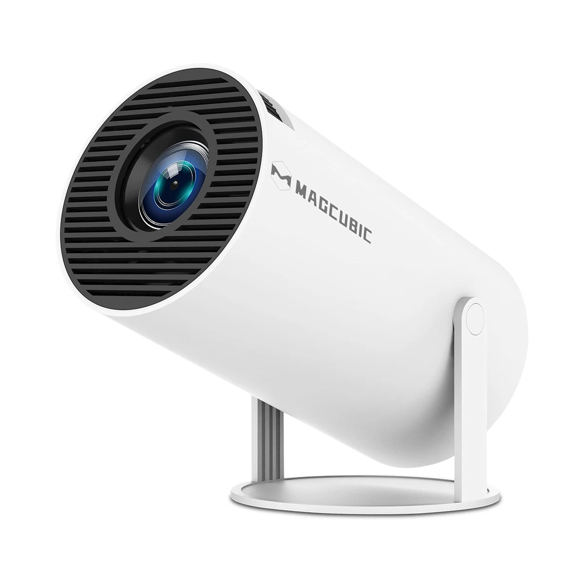 Projecteur HY300 Pro coloris blanc, vue de trois quarts avec objectif