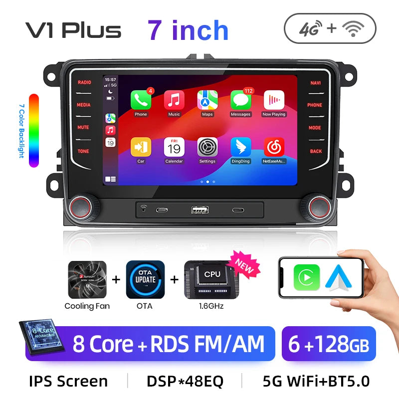 Junsun-Autoradio sans fil 2DIN, lecteur de limitation, CarPlay pour Apple Android Auto, VW, Volkswagen, Skoda, Octavia, PASSAT, Gods GOLF