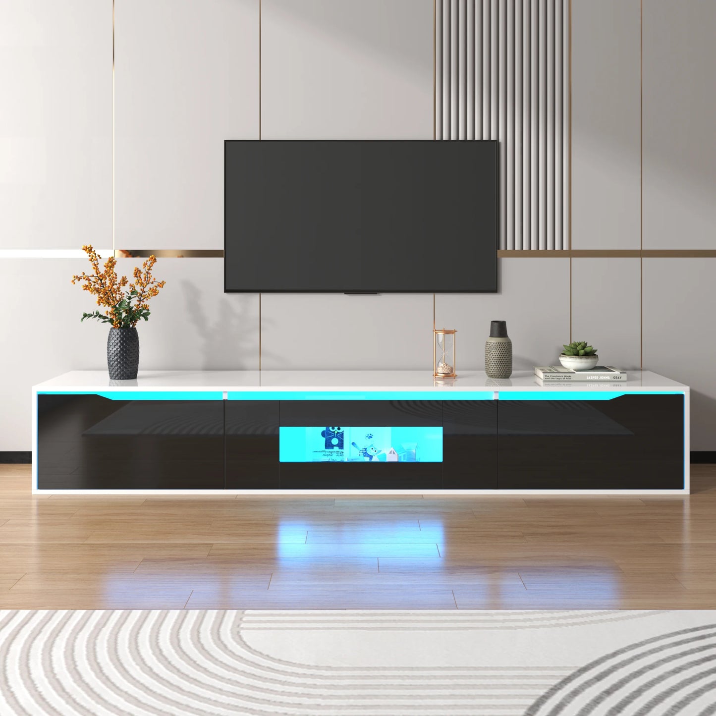 Meuble TV moderne LED 180 cm avec rangement et finition brillante