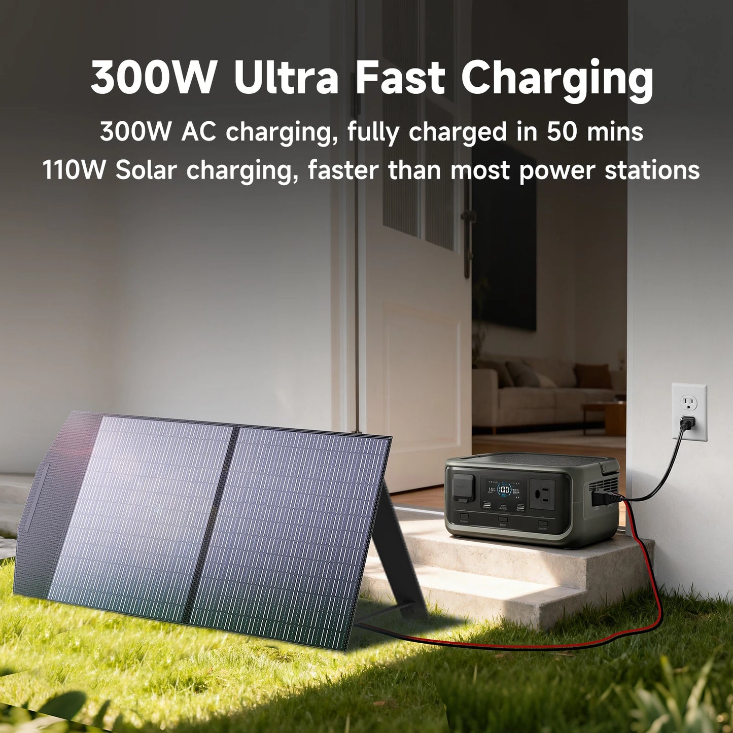 Recharge secteur 300 W et recharge solaire 110 W avec panneau pliable