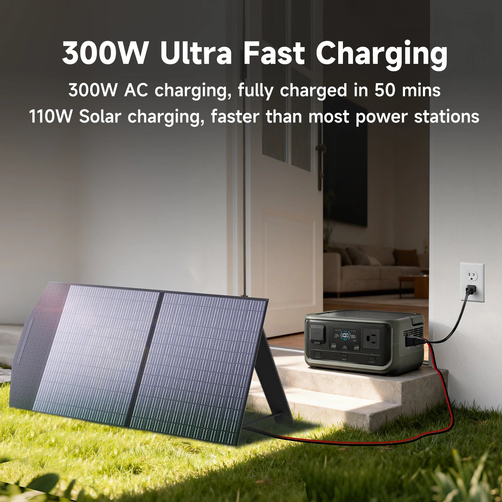 Recharge secteur 300 W et recharge solaire 110 W avec panneau pliable