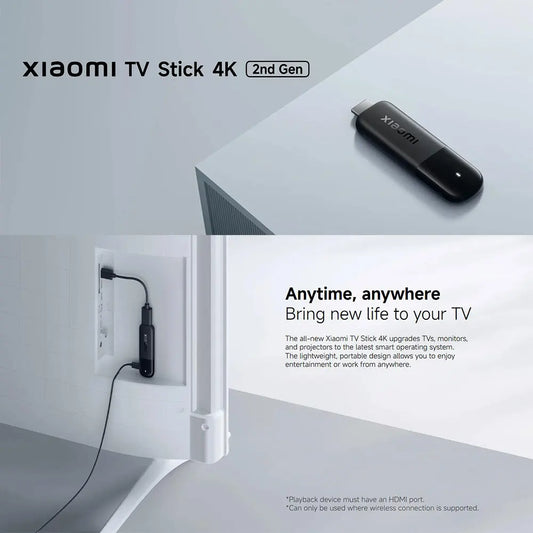 Xiaomi TV Stick 4K 2ᵉ gen branché en HDMI derrière un téléviseur