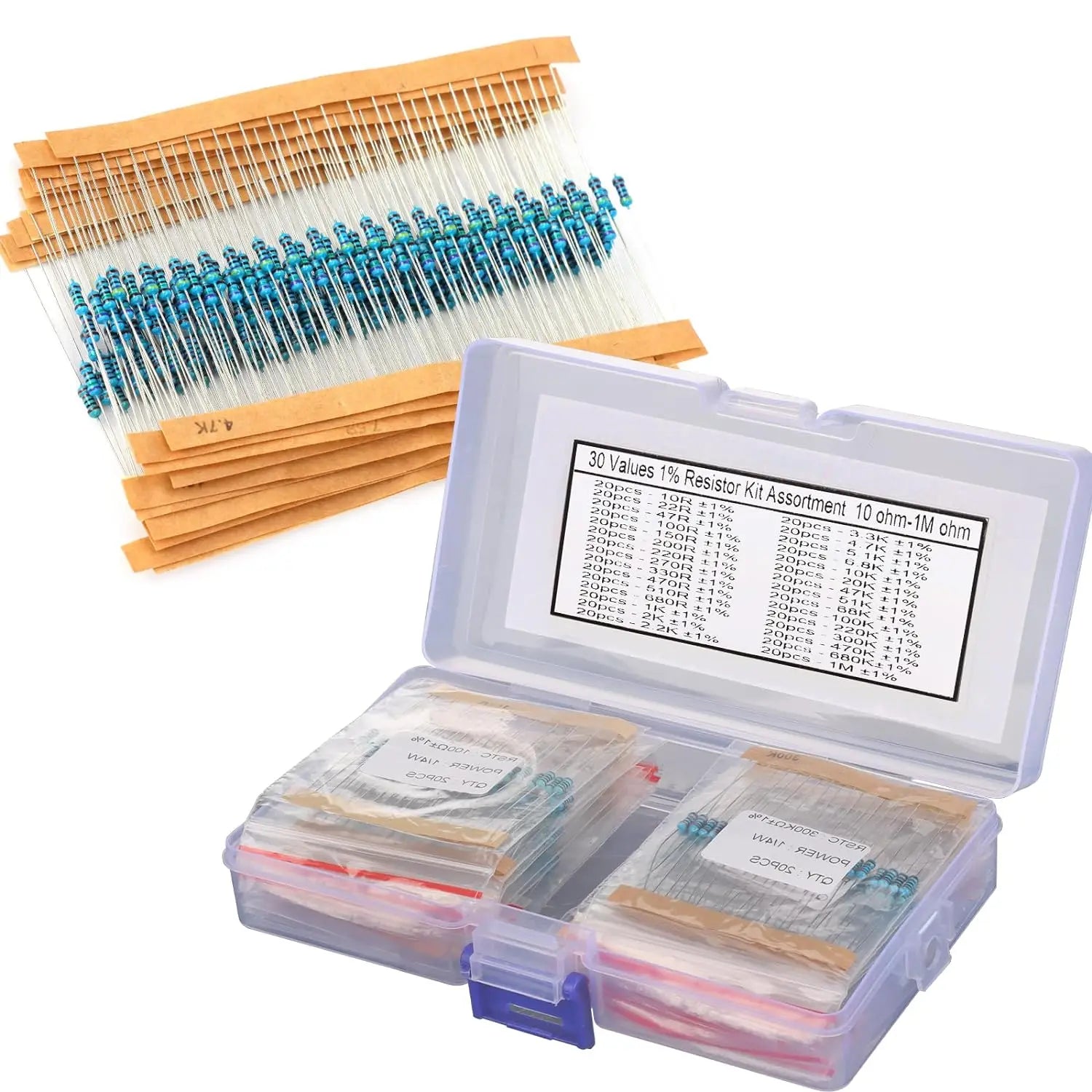 Kit de 600 résistances triées en boîte compartimentée, 30 valeurs de 10 ohms à 1 M ohm