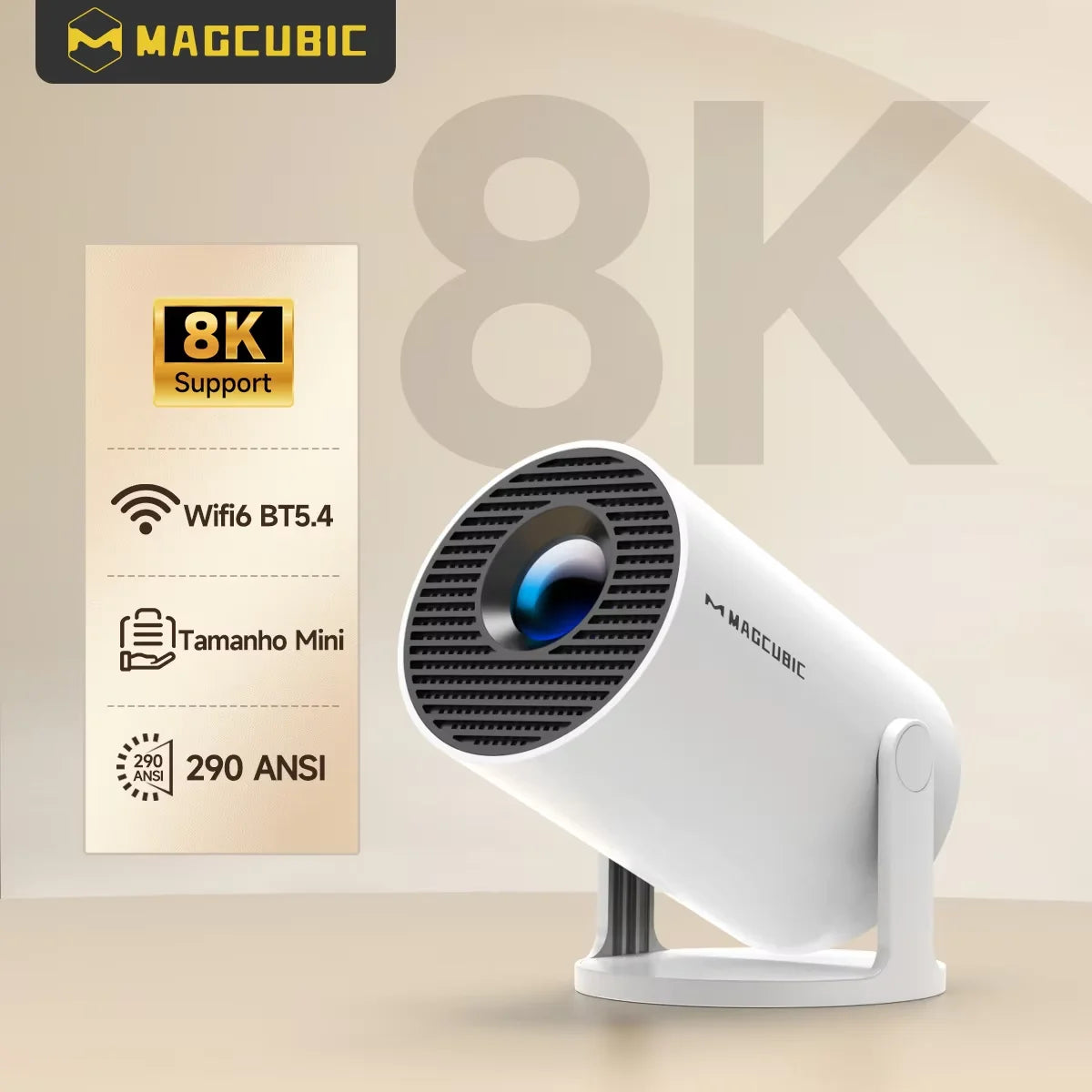 Projecteur Magcubic HY300 Pro blanc sur son socle rotatif, 290 ANSI et WiFi 6