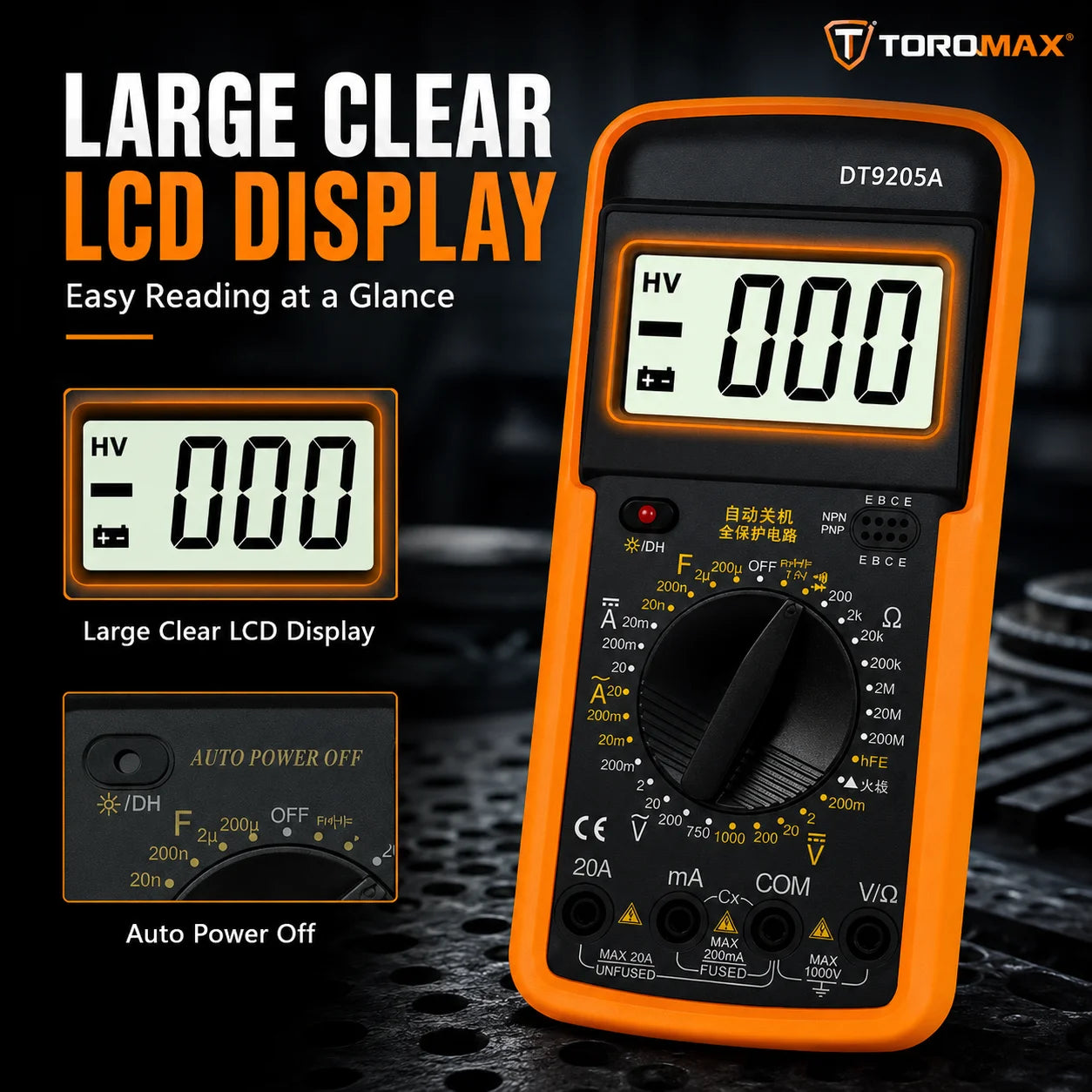 Grand écran LCD lisible et fonction d'arrêt automatique