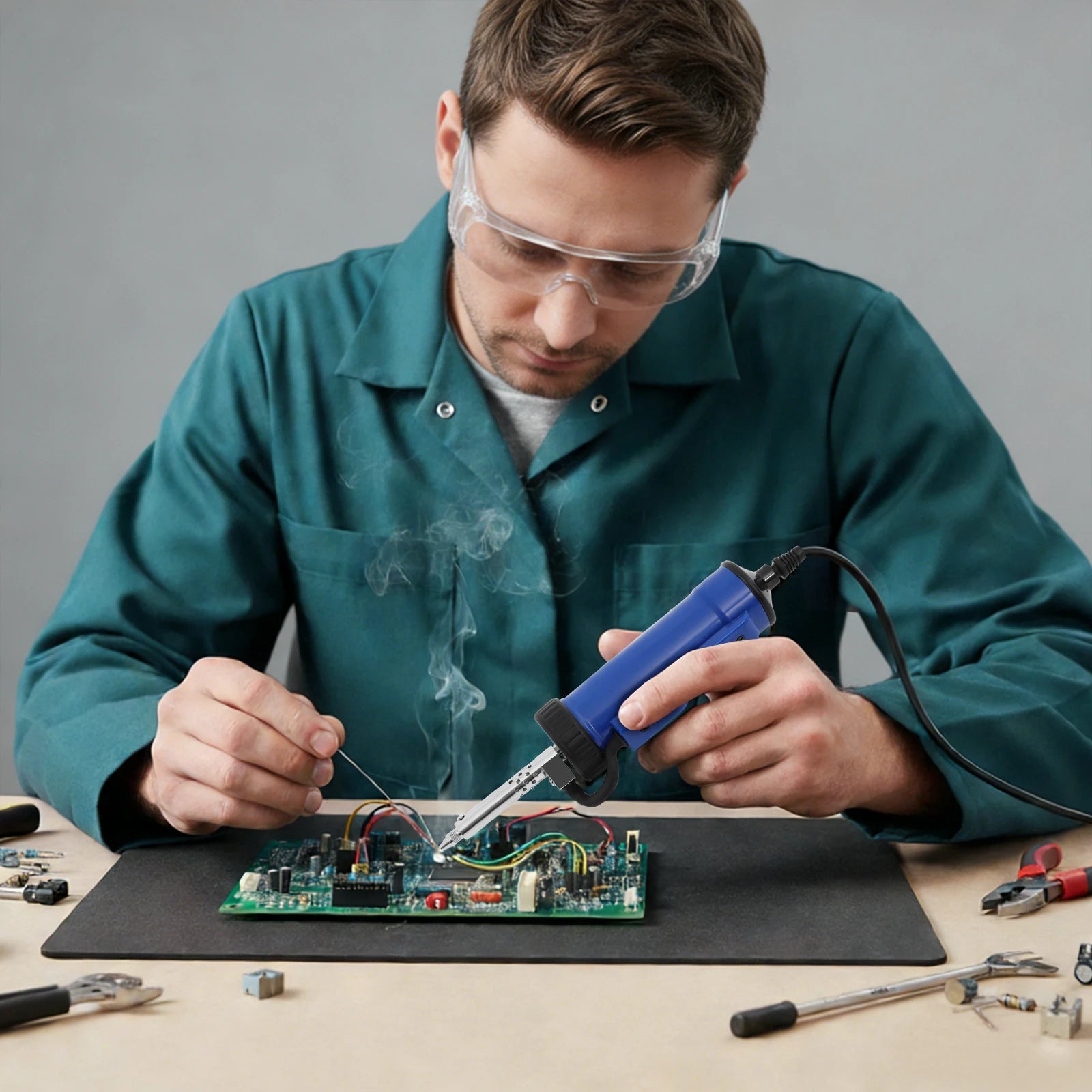 Technicien réparant une carte électronique avec la pompe à dessouder