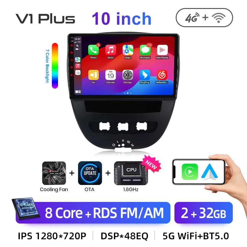 Autoradio Android 13 Junsun XT89 10.1" GPS CarPlay Android Auto Citroën C1 / Toyota Aygo / Peugeot 107 (2005-2014)