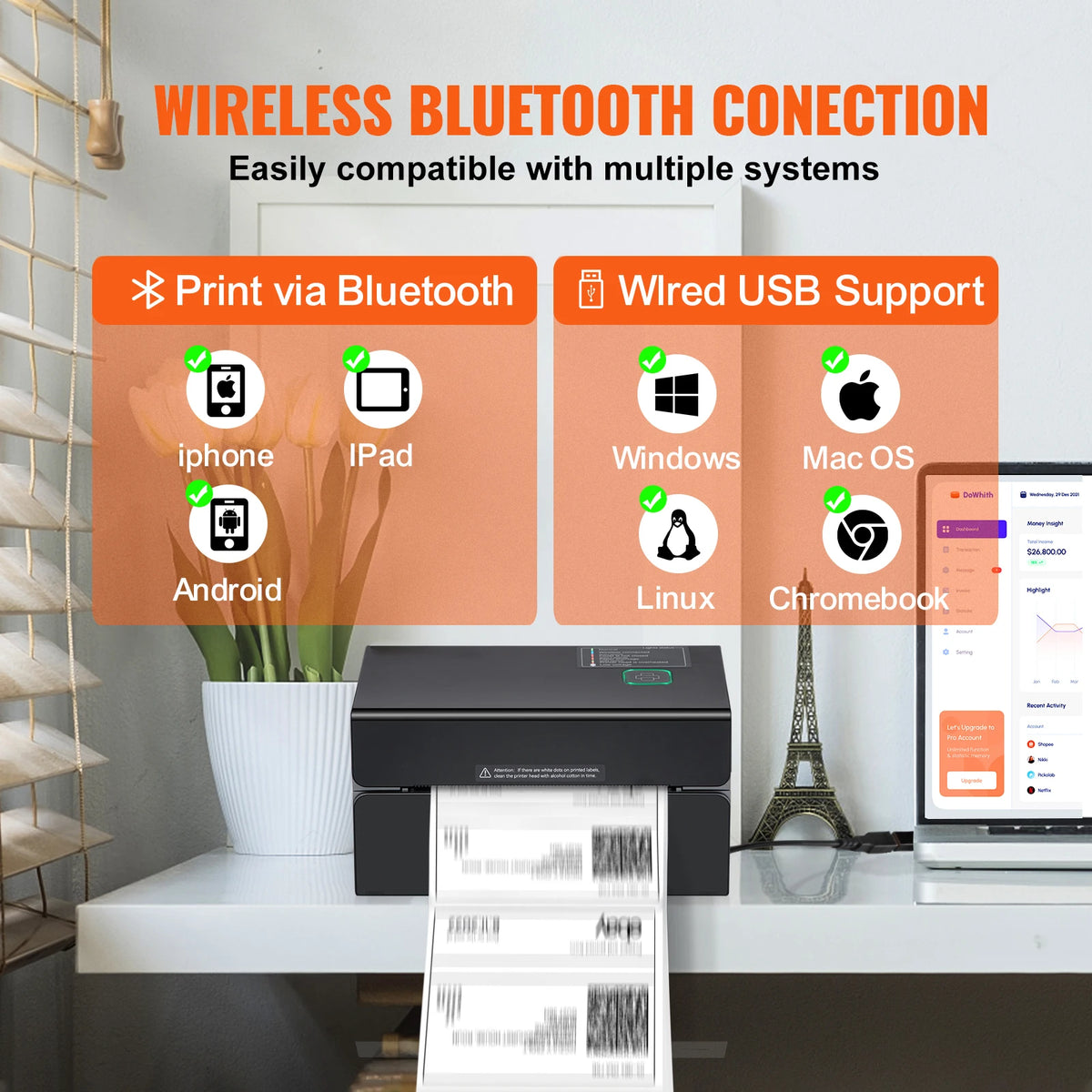 Connexion Bluetooth ou USB : iPhone, iPad, Android, Windows, macOS, Linux, Chromebook