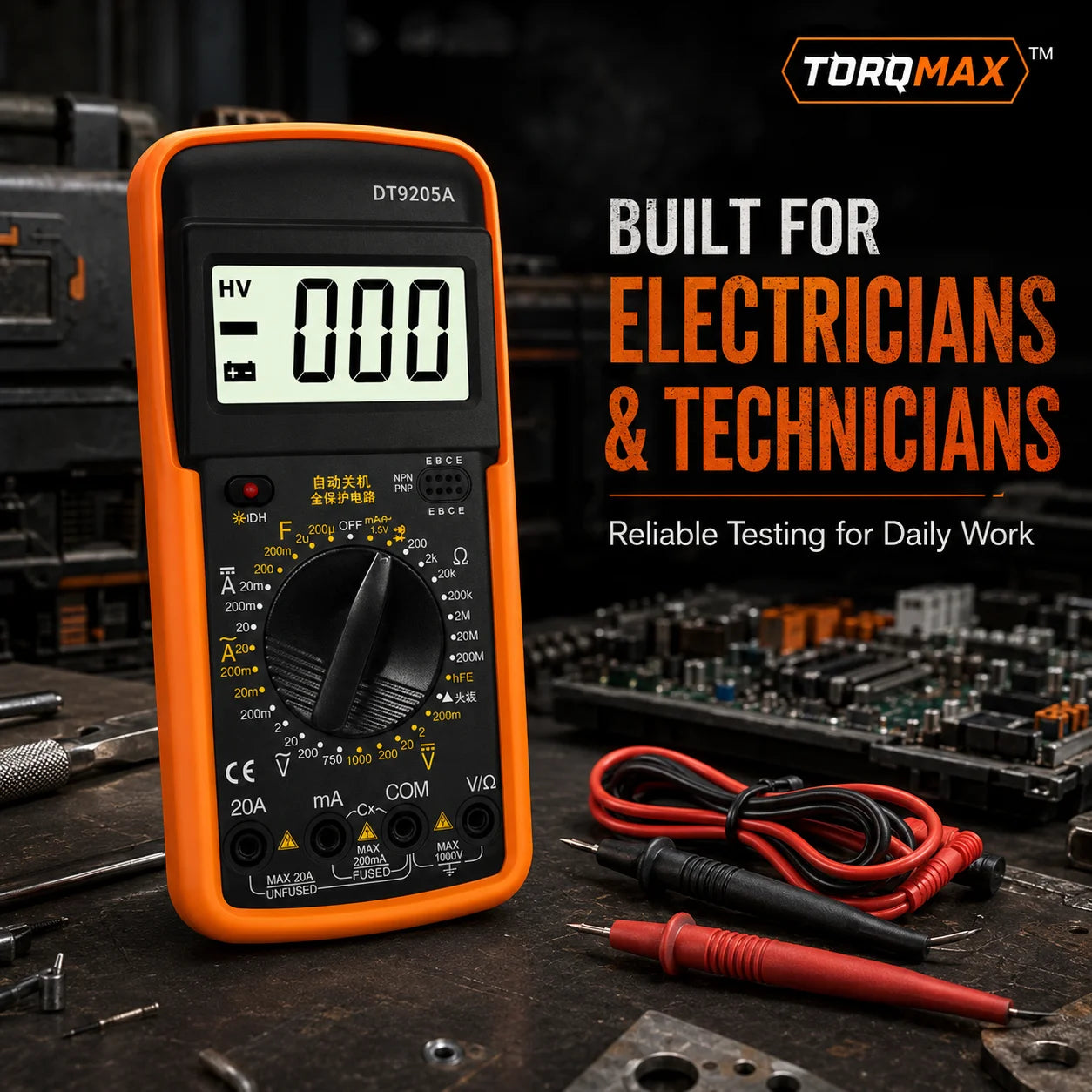 Multimètre numérique TORQMAX DT9205A avec cordons de test sur établi d'atelier
