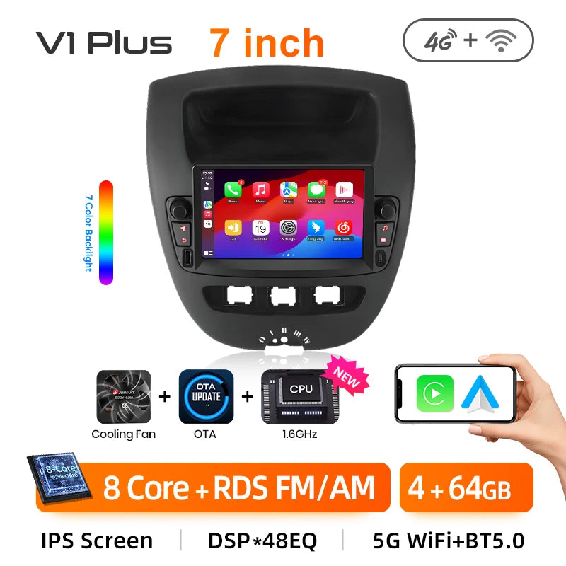 Autoradio Android 13 Junsun XT89 10.1" GPS CarPlay Android Auto Citroën C1 / Toyota Aygo / Peugeot 107 (2005-2014)