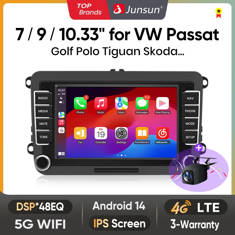 Junsun-Autoradio sans fil 2DIN, lecteur de limitation, CarPlay pour Apple Android Auto, VW, Volkswagen, Skoda, Octavia, PASSAT, Gods GOLF