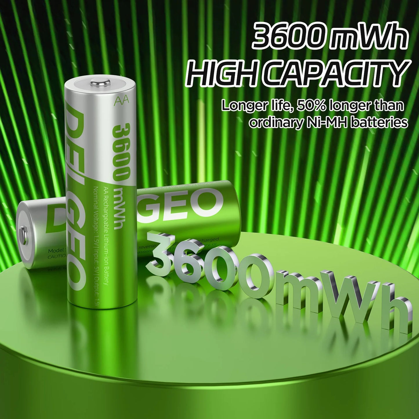 Set 8 batteries AA 1.5V Li-ion 3600mWh + boîtier chargeur USB Delgeo