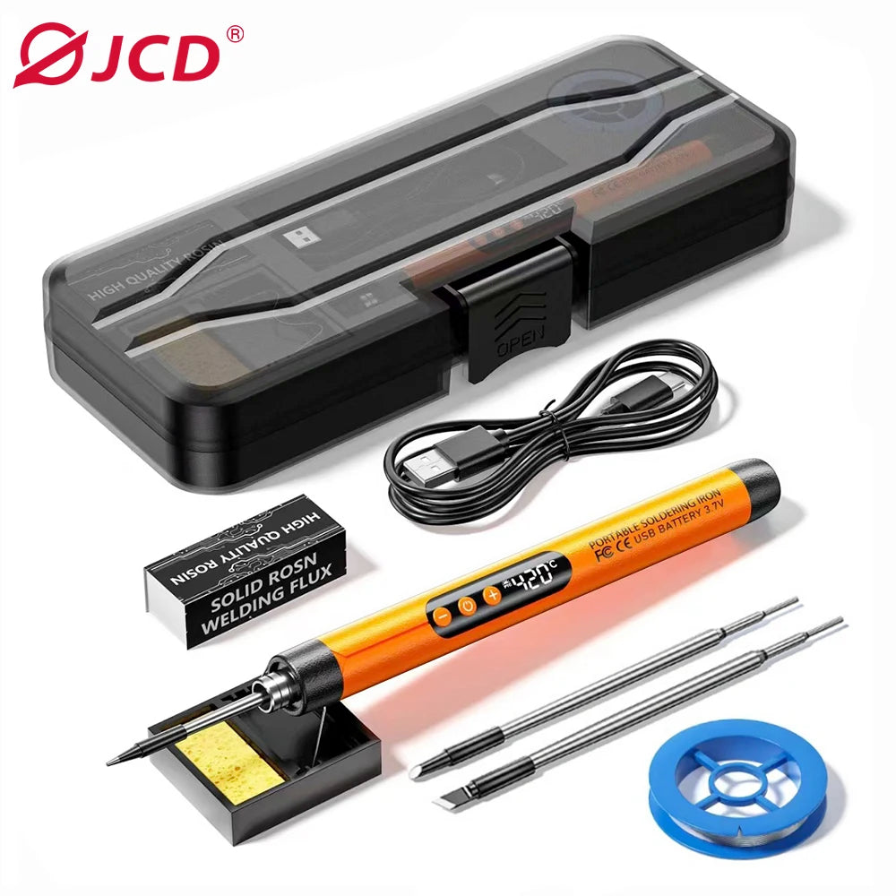 Fer à souder sans fil JCD orange avec coffret, câble USB-C, support, flux, étain et 3 pannes