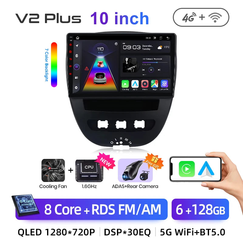 Autoradio Android 13 Junsun XT89 10.1" GPS CarPlay Android Auto Citroën C1 / Toyota Aygo / Peugeot 107 (2005-2014)