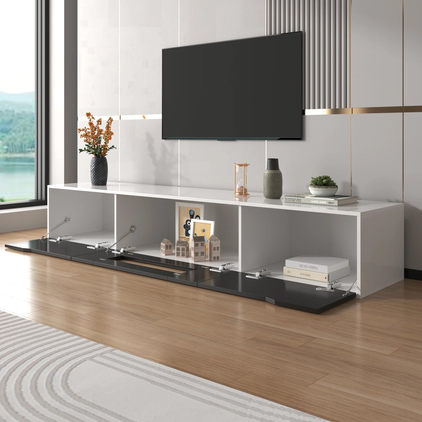 Meuble TV moderne LED 180 cm avec rangement et finition brillante