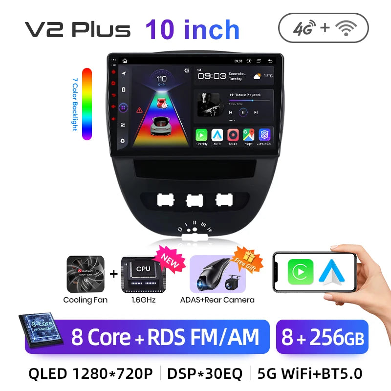 Autoradio Android 13 Junsun XT89 10.1" GPS CarPlay Android Auto Citroën C1 / Toyota Aygo / Peugeot 107 (2005-2014)