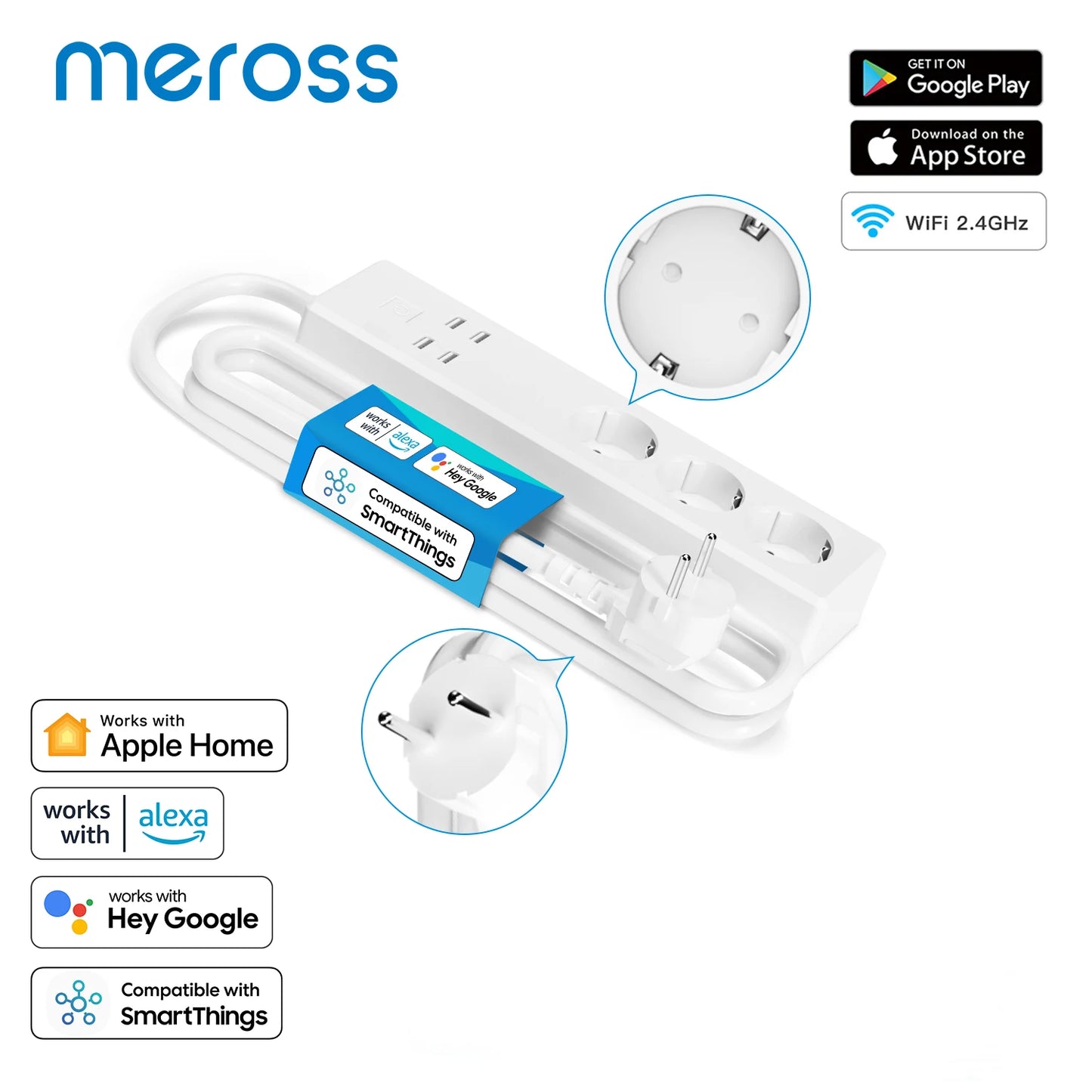Meross multiprise intelligente WiFi 3 prises + 4 USB – HomeKit Alexa