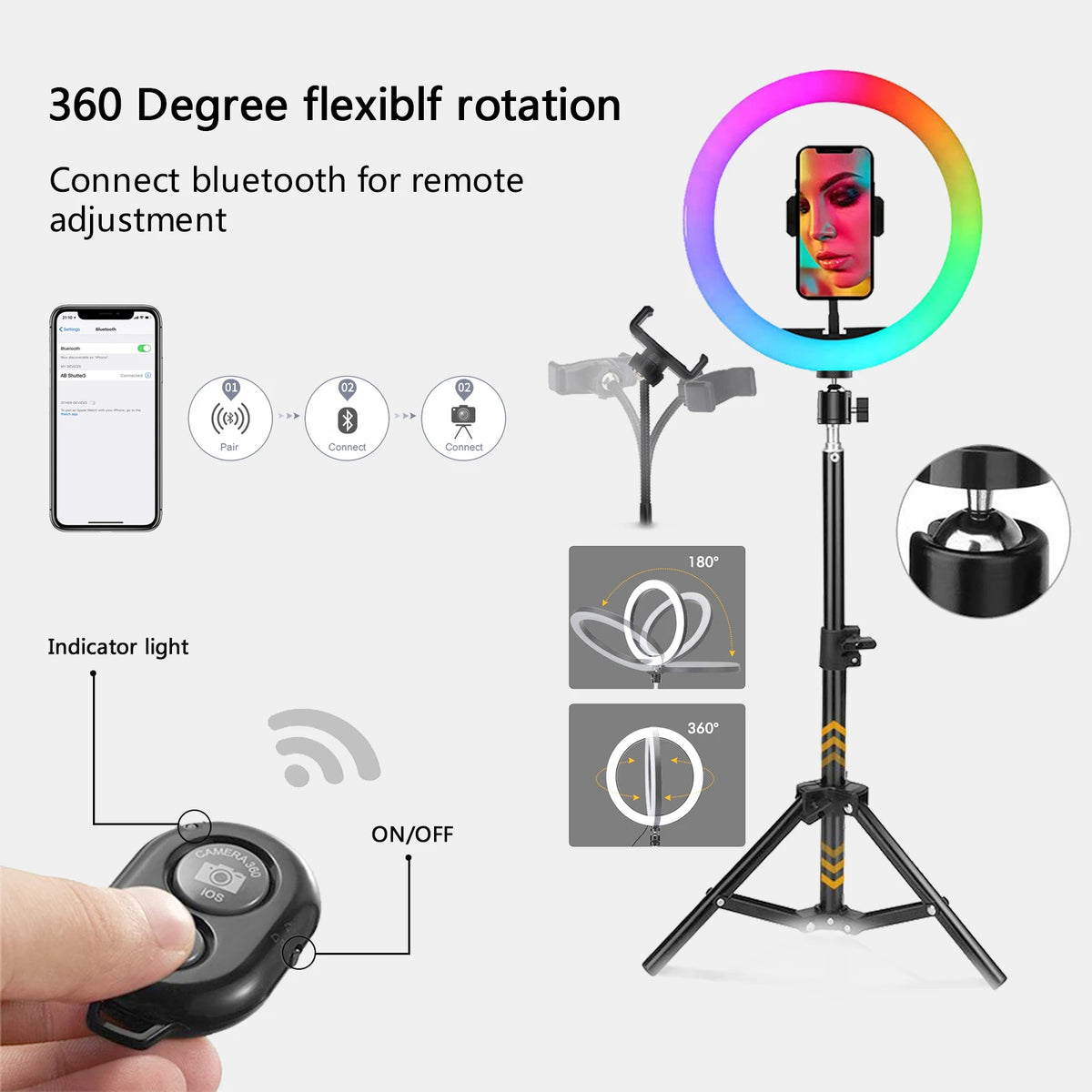 Rotation 360° et télécommande Bluetooth pour déclencher à distance