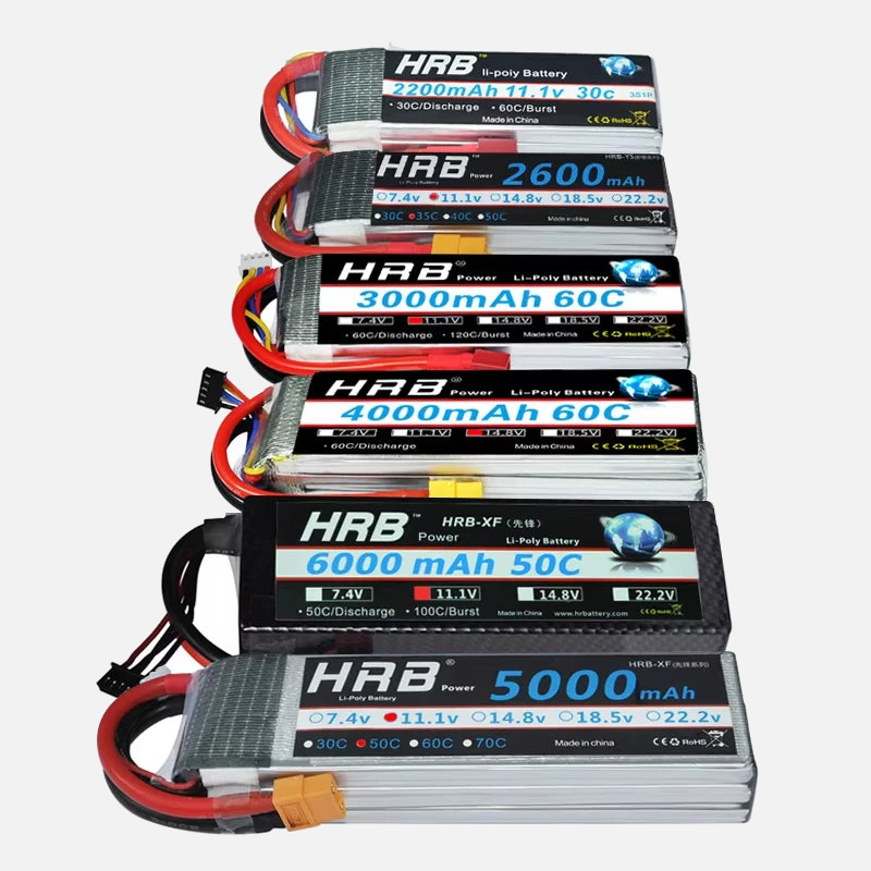 Batteries LiPo HRB pour modélisme RC 2S à 6S avec connecteurs XT60 XT90 EC5 et T