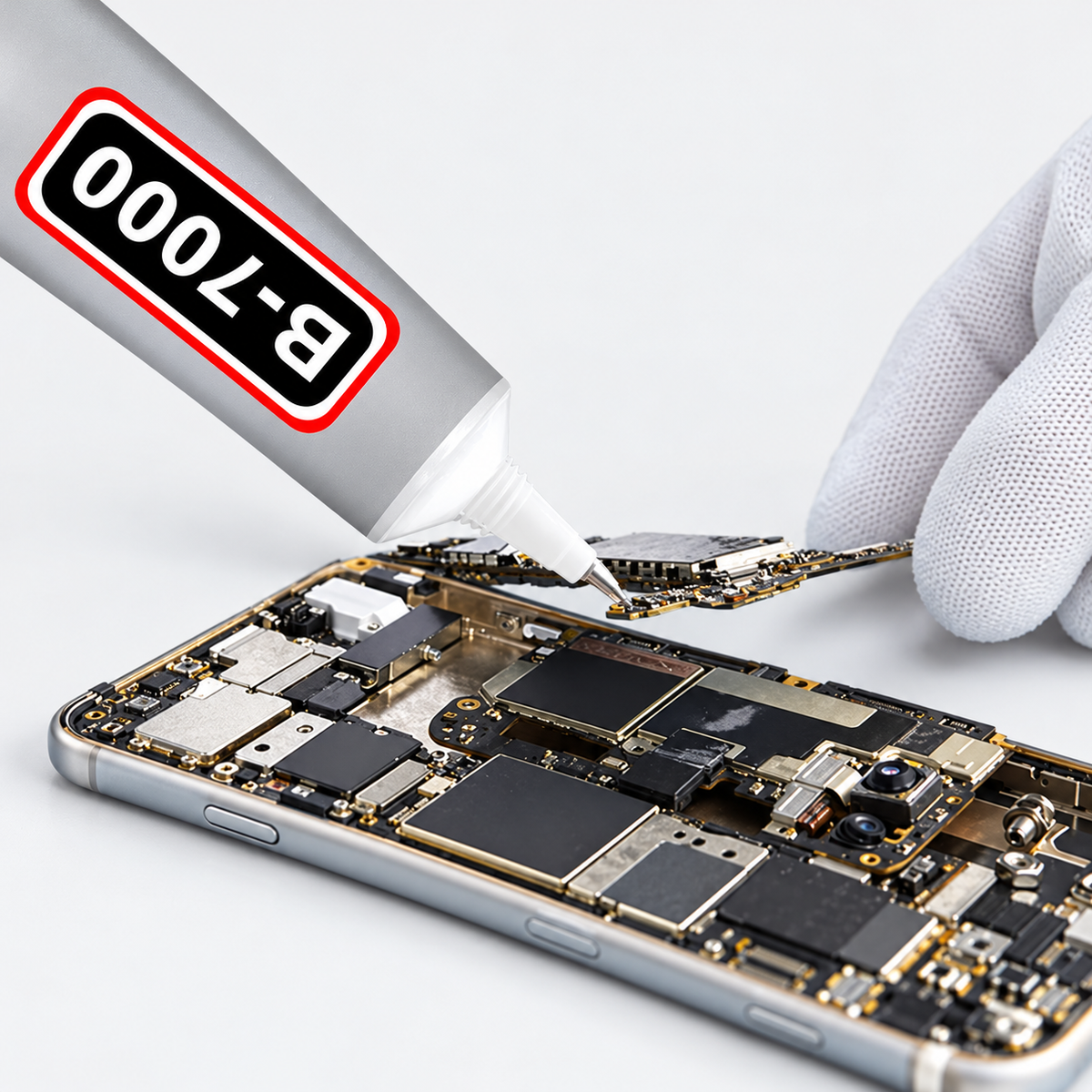 Colle B7000 15 ml appliquée lors d’une réparation de smartphone