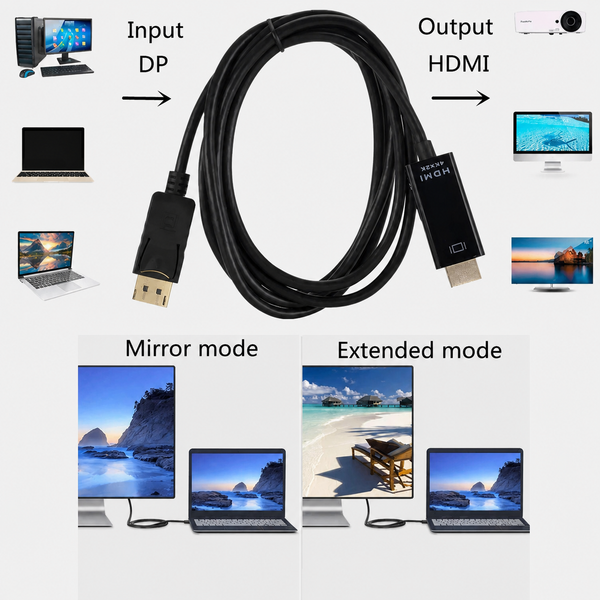 Câble DisplayPort vers HDMI 4K 1,8 m – DP mâle vers HDMI mâle pour PC et TV