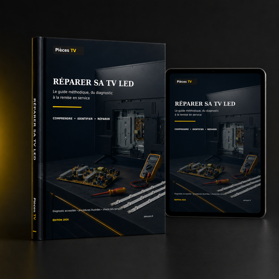 Couverture du guide PDF Réparer sa TV LED de Pièces TV, présentée sur un livre et un smartphone