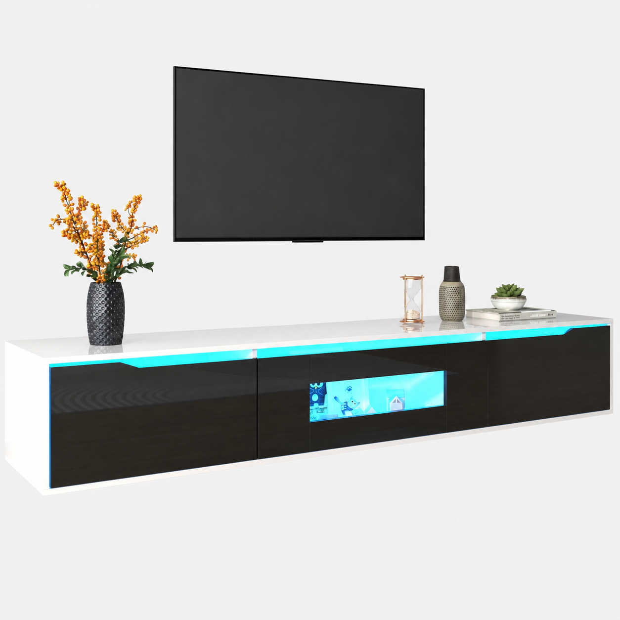 Meuble TV moderne LED 180 cm rangement finition brillante