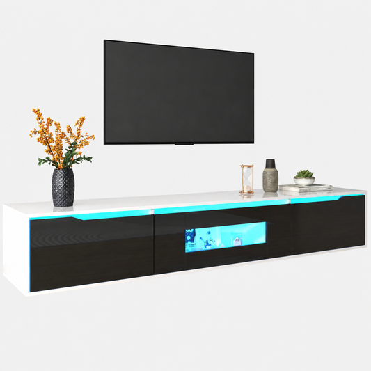 Meuble TV moderne LED 180 cm rangement finition brillante