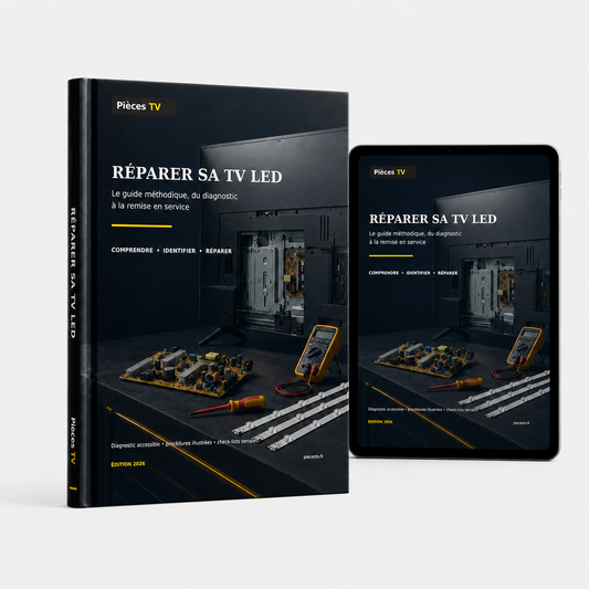 Couverture du guide PDF Réparer sa TV LED de PiècesTV sur livre et tablette