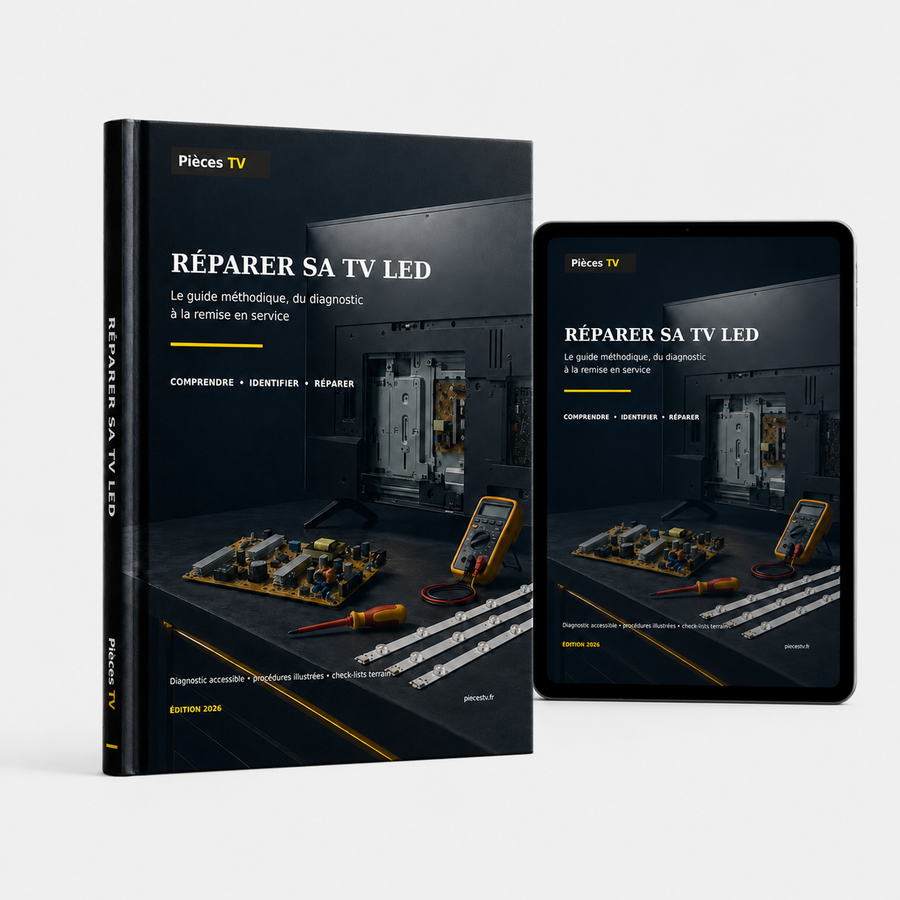 Couverture du guide PDF Réparer sa TV LED de PiècesTV sur livre et tablette